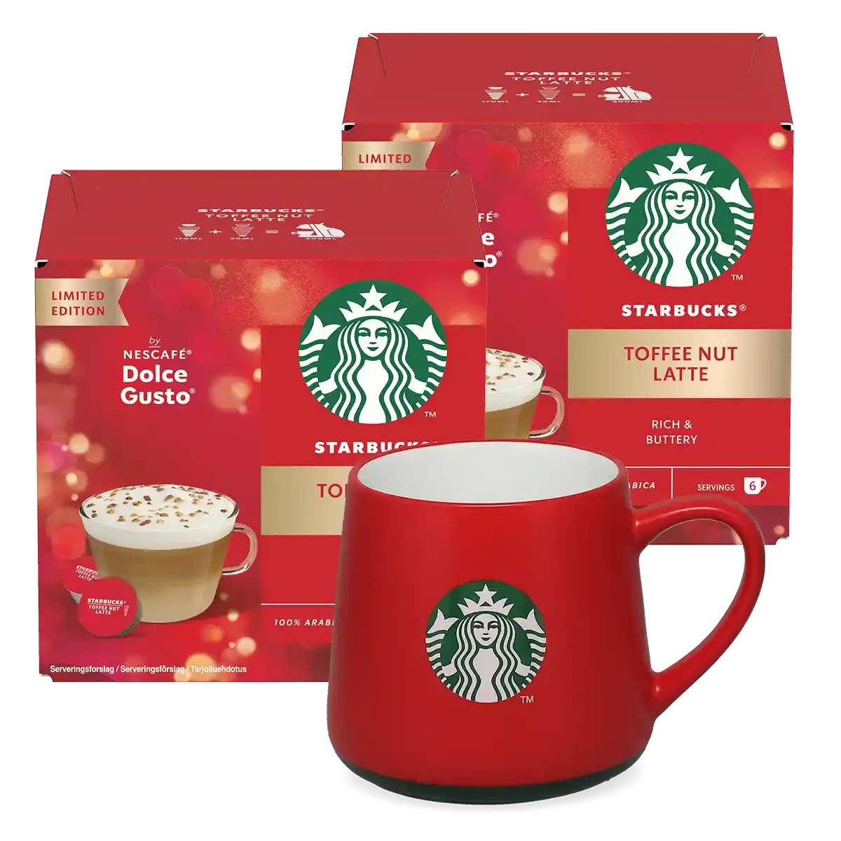 Toffee Nut Latte + rødt krus-pakke