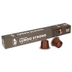 Kaffekapslen Lungo Strong Premium pakke og kapsel til Nespresso

